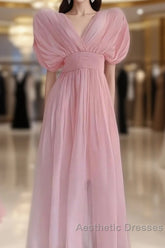 Sexy A Line V Neckline Ruffled Pink Chiffon Beach Dresses WomenS Vacation Dresses